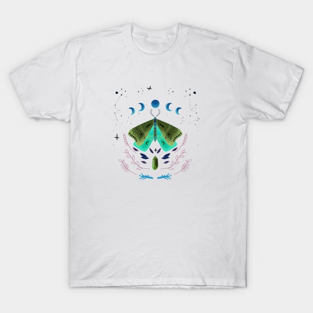 magical moons and luna moth , fantasy butterfly , fantasy moth illustration T-Shirt by coolouss